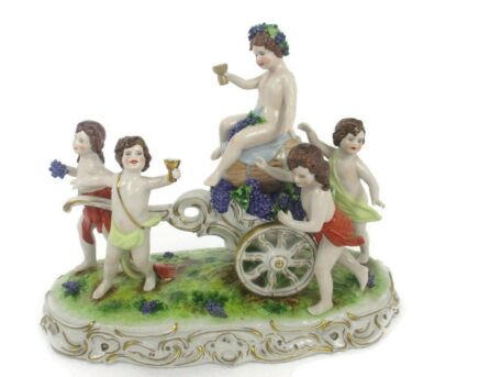 German Porcelain statue Figurine Bacchus Putti grapes Carriage stunning Marked Scheibe Alsbach
