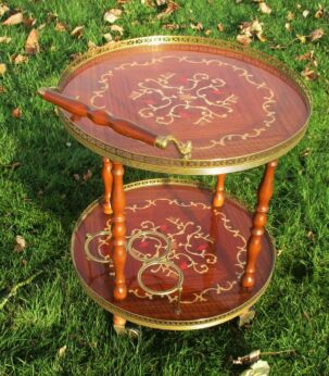 Round Bar Cart Italian Hollywood Regency Gold Chrome Wood Inlay Marquetry Rare
