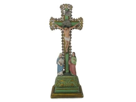 Vintage Calvary Crucifix Christ Crucifixion Mary Magdalene St John the Apostle Virgin Mary Plaster Polychrome Wood  Stunning 15.74"