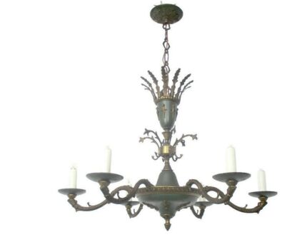 French Empire Chandelier Green Tole Brass 6 arm Lights Hollywood Regency Crown