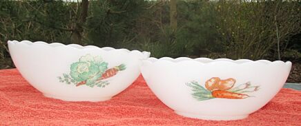 2 Vintage Arcopal retro Casserole Dishes Bowls Vegetables Pattern France