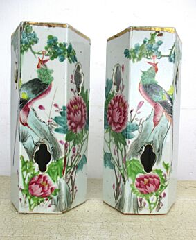 Pair Antique Chinese Famille Rose Porcelain Hectagonal Vase Vases Birds 11"