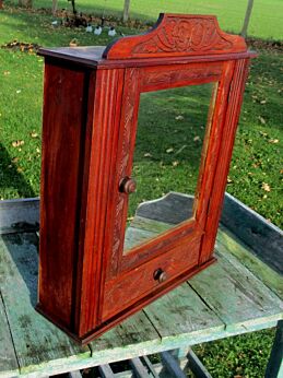 Antique French Art Deco Carved Wood Medicine Wall Cabinet Mirror Apothecary 