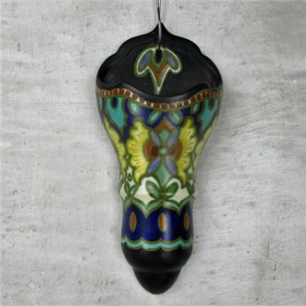 Large Polychrome Holy Water Font Vessel hand Painted Ceramic Wall Hanging