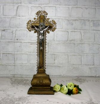 Antique Standing Table Crucifix Christ Filigree Lamb of God Wood Spelter Chalk
