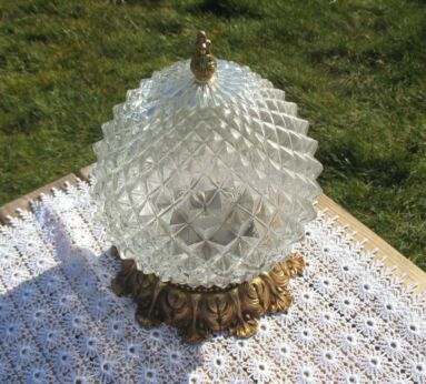 Vintage Small French Ceiling Lamp Fixture Plafonniere Brass "Bubbled" Glass