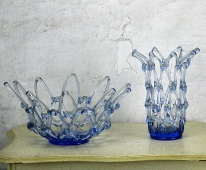 Web Art Glass Light Blue Vase and Centerpiece Vintage 2 Pieces Hand Blown