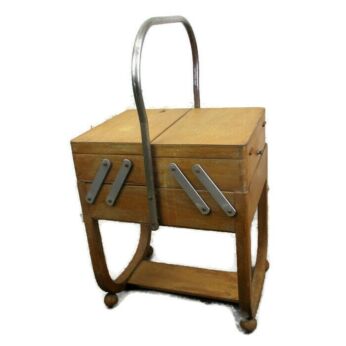 Small Art Deco Torck Wooden Sewing Box Basket Stand Signed Torck Accordion HTF