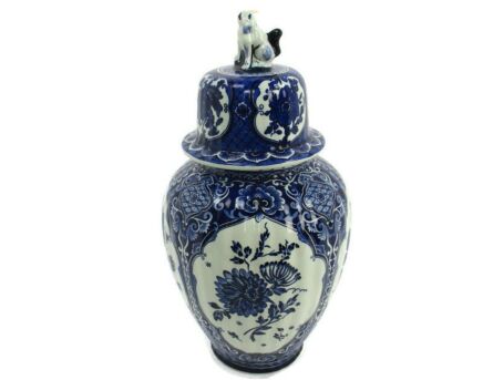 Large Royal Sphinx Maastricht Delft Vase Urn Marked Boch Blue White Foo Dog