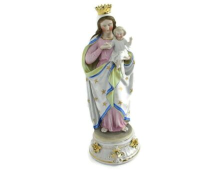 Antique Porcelain Bisque Statue Virgin Mary Our Lady Madonna Infant Holy Heart Exquisite  15.15"