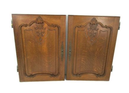 Pair Antique Hand Carved Oak Pheasants Door Panels Reclaimed Architectural Kitchen Cabinet Doors
