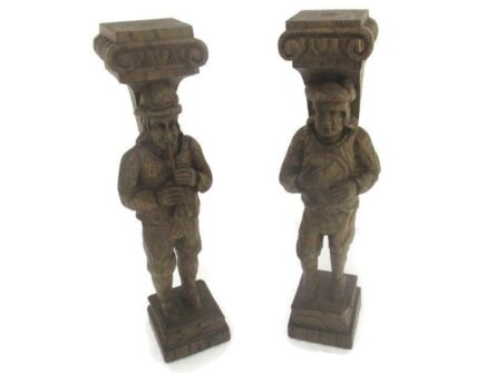 French breton Pair Corbels Hand Carved Wood Panels Architectural reclaimed Peasant Figurines Antique Impressive