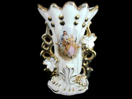 Lovely Small Vintage French Porcelain Fan Flair Bridal Cornet Vase Victorian scene Couple Courting 5.11"