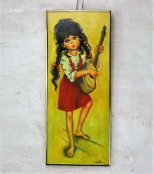 Lovely Vintage Retro 70s Wall Hanging Plaque Veneer Lovely Girl Guitar Authentic