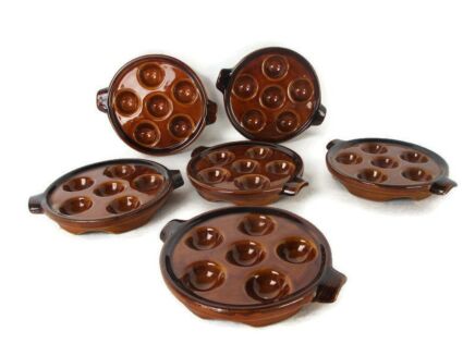 St Clément Set of 6 French Escargots Snail Plates Dishes Porcelain Faience Brown Stylish Marked