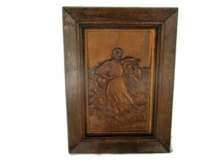 Hand Carved Wood Wall Art Panel Bas Relief Woman Carrying Water Buckets Rebecca Signed P. Dubois 1972