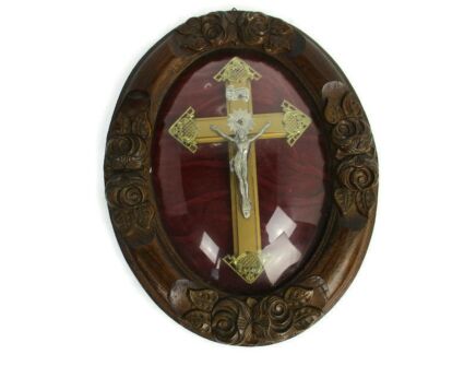 Antique Oval Ornate Wooden Frame red Velvet Convex Glass Dome Crucifix