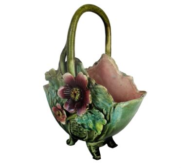 Barbotine Majolica Vase Applied Roses Basket Centerpiece Lovely