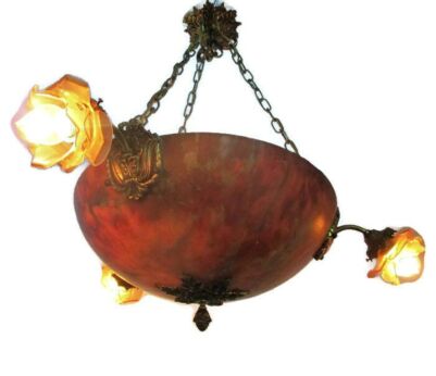 Art Nouveau Pendant Chandelier Alabaster Amber Flower Shades 4 Lights Ormolu