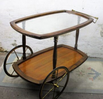 French Vintage Wooden Glass Cocktail Bar Tea Cart Garden Trolley Robust Rustic