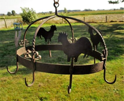 Antique Hanging Butcher Rack Cast Wrought Iron 8 hooks Roosters French Rustic