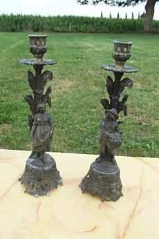 Antique Brass Couple Candle Holders Farmer Farmers wife Marked MOD DEF Rare