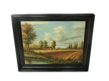 Lovely Oil Painting Framed Farm Polder Landscape Flanders Signed Percy
