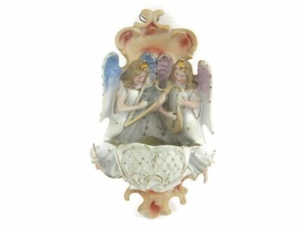 French Holy Water Font Vessel Infant Angels playing music Bisque HTF Lovely