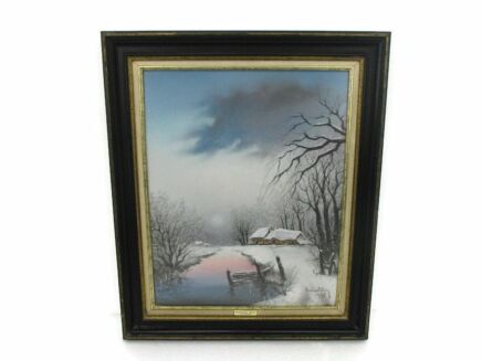 Crayon Painting Framed Glass Gorgeous Winter Landscape Signed Emmanuel Nisol aka El Pintor 1995