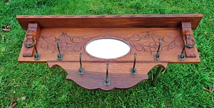 SOLD  Antique Carved Wood Coat Rack Wall Rack Hanger 7 Hooks Flowers Beveled glass
