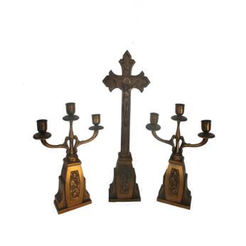 Altar Set Gorgeous Standing Crucifix with two Candelabras Ornate Embossed red Copper Art Deco