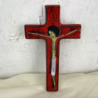 Mid Century Modern Ceramic Crucifix Alpha Omega Era Amphora Perignem Collector
