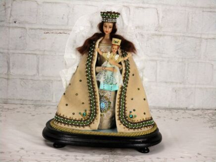 Hand Made Vintage Wax Madonna Virgin Mary Infant Jesus Figurine Brown Coat
