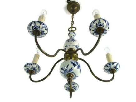 Dutch Delft Blue White Porcelain Ornate Brass Chandelier 5 Lights Arm barn Farm