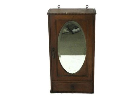 High hand Carved Wood Medicine Apothecary Display Kitchen Wall Cabinet Hobnails Lovely