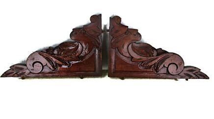 Couple Corbels Hand Carved Wood Pediment Gothic Over Door Architectural Heads