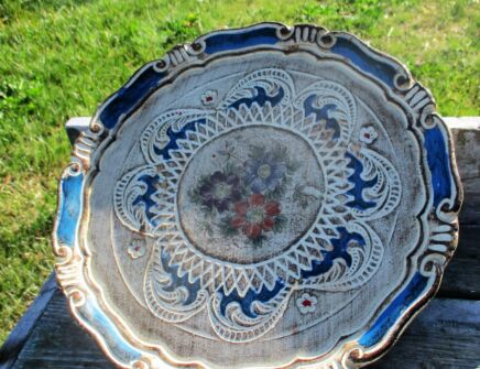 Italian Mid Century Hollywood Regency Florentine Round Serving Tray Flowers
