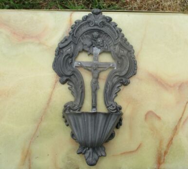 Vintage Pewter Holy Water Font Crucifix Cross Jesus Wall Hanging Catholic