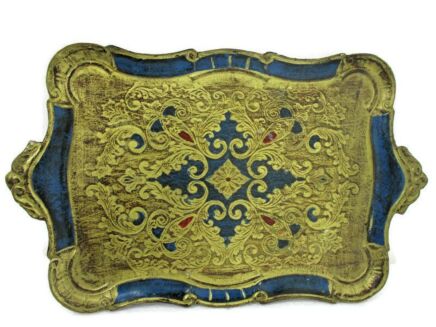 Mid Century Italy Hollywood Regency Florentine Serving Tray Blue Blue Gold Wood