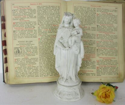 Antique Bisque Porcelain Statue Virgin Our Lady Mary Infant Child Gorgeous Marked Flower Garland 10.62"