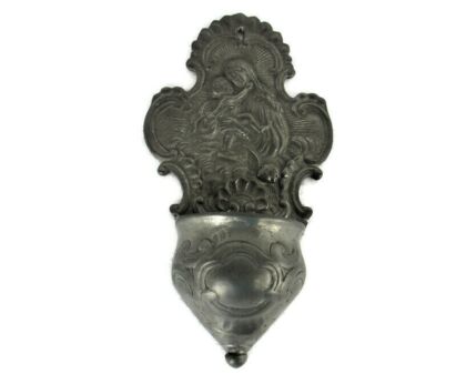 Holy Water Font Holy Mother Virgin Mary Madonna Infant Jesus  Wall Hanging Lovely Pewter Vintage Collector