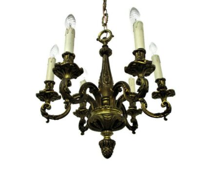 large Bronze Ornate Chandelier Hollywood regency 6 Lights Pine Apple Gorgeous