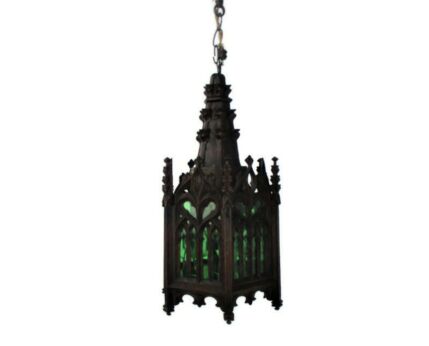 Gothic Hand Carved Wooden Ornate Chandelier Pendant Light Colored Glass WOW