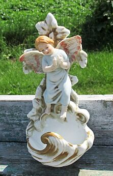 Large Vintage Holy Water Font Porcelain Sweet Angel Beautiful 8.46"
