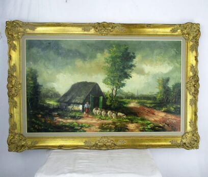 Shepherd Sheep Cabin XL Oil Painting Canvas Framed Gorgeous Frame Signed