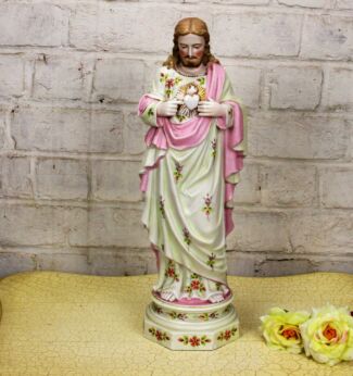 Large Antique Holy Heart Jesus Christ Porcelain Pink Gorgeous 16.92"