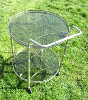 Vintage Mid Century Retro Smoked Glass Brass Coctail Bar Cart Round Serving Tray