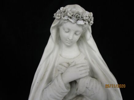 Large French Antique 1900 Bisque Statue Virgin Mary Our Lady Madonna Flower Garland Exquisite Marked 15.15"