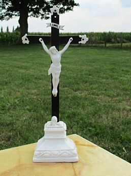 Antique Table Crucifix Wood ceramic Skull Church Cross Authentic Memento mori