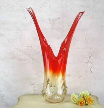 XL Fire & Ice Art Glass Vase Era Murano Poli Seguso Vintage 26.37"